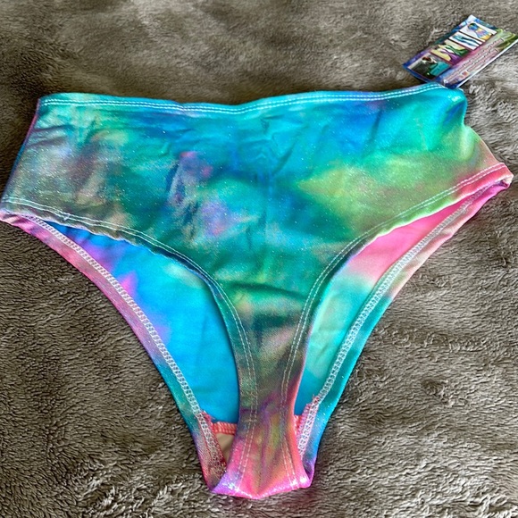 💋SALE💋NWT Zanza Design: Tie Dye Sparkle Thong High Waist Bikini Bottoms,Size L - Picture 2 of 5